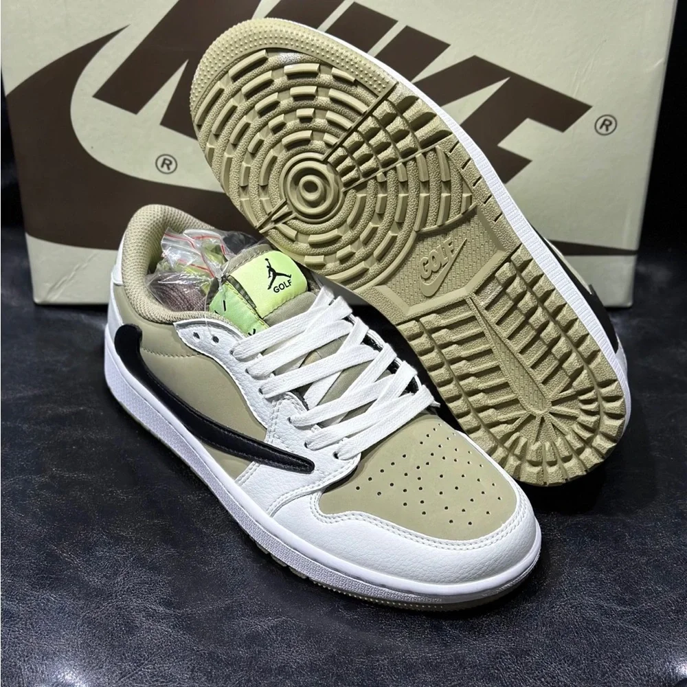 Nike Low-Top Sneakers in White, Beige & Black with Lime Tongue Accent